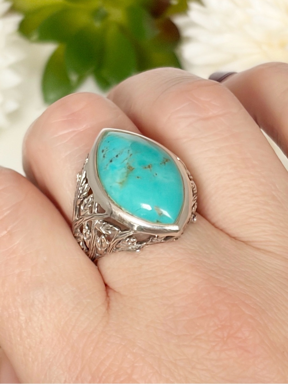 Vintage Sterling Silver 925 Marquise Turquoise Chunky Ring Size 9 Nice Condition